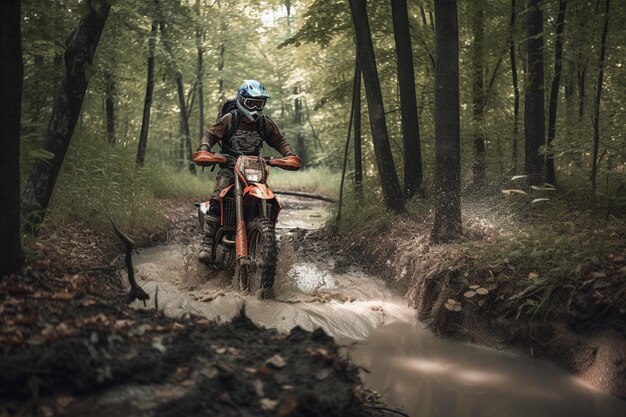 Una persona montando una moto de cross a través de un bosque.