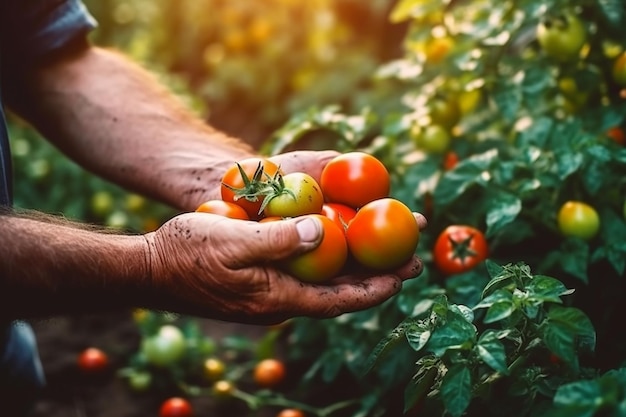 Foto una persona con un montón de tomates en un campo.