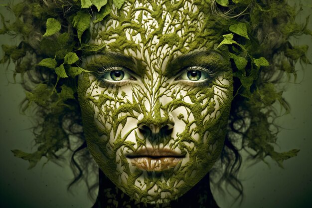 Foto persona y naturaleza cara de mujer con planta retrato en primer plano concepto de personas femeninas y sanas