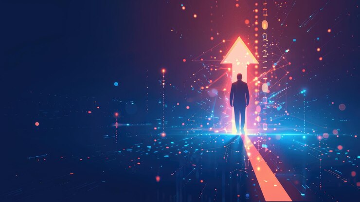 Persona de negocios en un entorno de alta tecnología con una flecha luminosa hacia arriba que simboliza la innovación y la disrupción