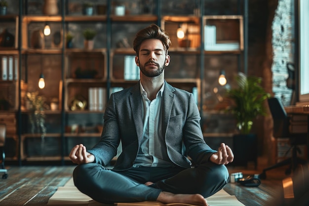 Una persona de negocios hace yoga en el lugar de trabajo