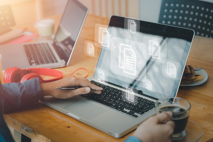 Foto persona de negocios con la mano usando una computadora portátil con icono de gestión de documentos sistema de gestión de datos de documentos concepto de tecnología de internet de negociosx9