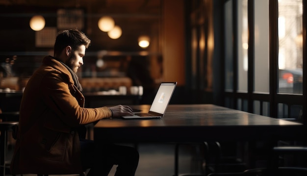 Una persona de negocios que trabaja en una computadora portátil en una cafetería que promueve la idea del trabajo remoto