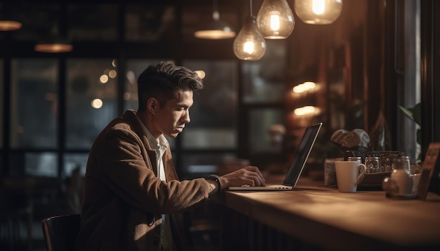 Una persona de negocios que trabaja en una computadora portátil en una cafetería que promueve la idea del trabajo remoto