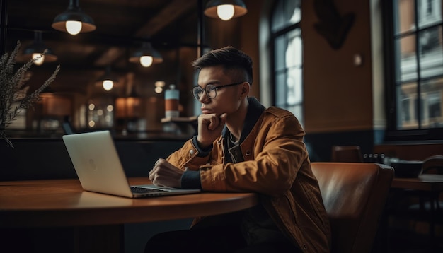 Una persona de negocios que trabaja en una computadora portátil en una cafetería que promueve la idea del trabajo remoto