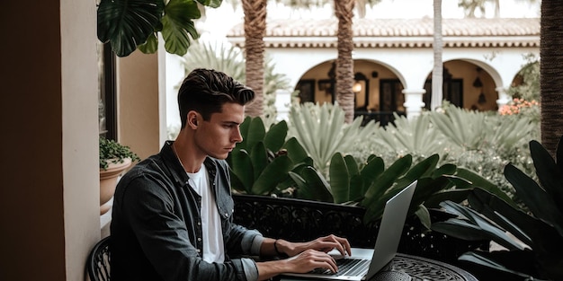 Persona de negocios que usa una computadora portátil en el vestíbulo del hotel de lujo con vista sincera