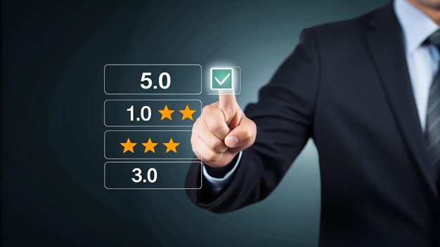 Persona de negocios seleccionando una calificación de 50 estrellas
