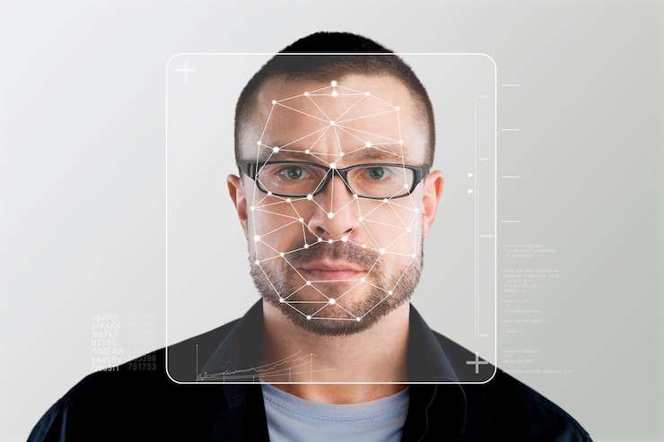 Foto persona de negocios seria y tecnología inteligente para el reconocimiento facial, doble exposición.