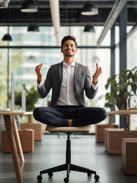 Foto persona de negocios sonriente practicando la postura del árbol de pie en el asiento en la oficina