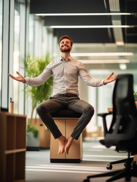 Foto persona de negocios sonriente practicando la postura del árbol de pie en el asiento en la oficina