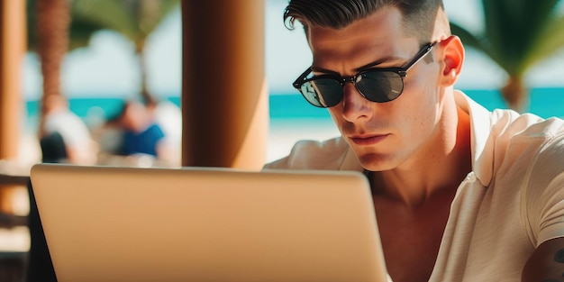 La persona de negocios usa una computadora portátil en el club de playa del hotel resort de lujo en verano