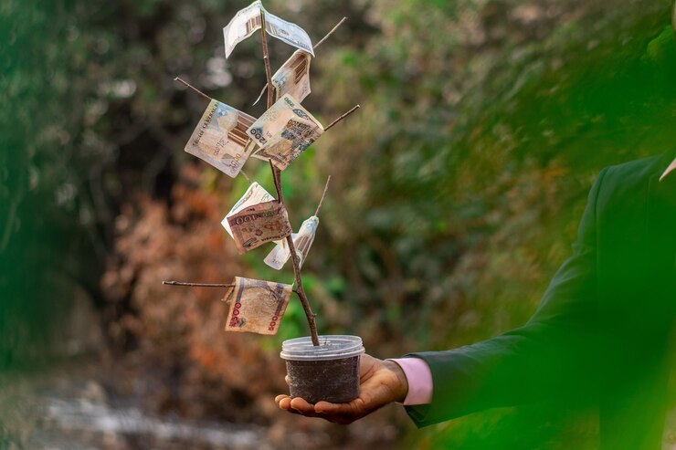 Foto una persona negra sosteniendo un árbol de dinero afuera