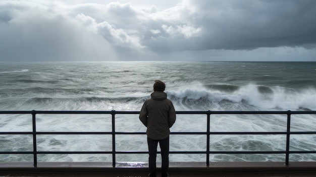 Persona observando el mar tormentoso desde detrás de una barandilla en un día nublado