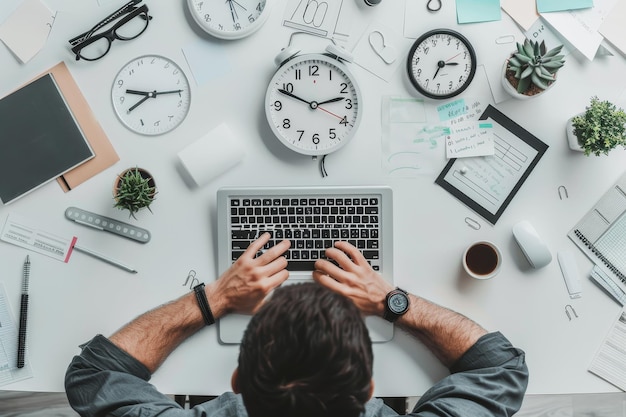 Foto una persona ocupada trabajando viendo el reloj quedarse sin tiempo