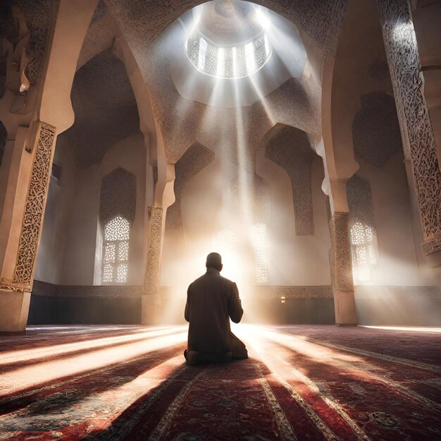 Una persona orando en una mezquita con la puesta del sol