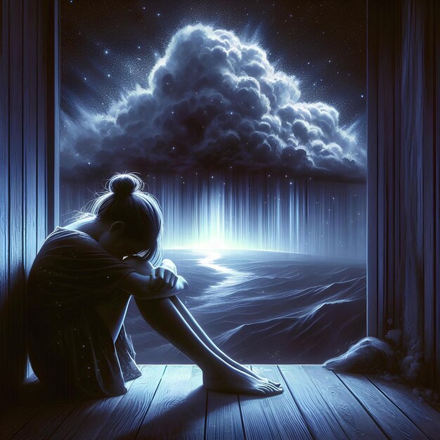 Una persona en la oscuridad con depresión con una nube en su mente que representa sus emociones