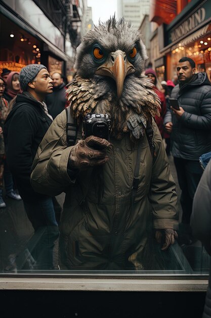 Foto una persona con un pájaro grande en la cabeza está sosteniendo una cámara