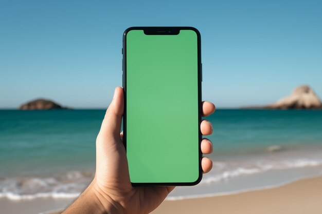 Persona con pantalla verde Chromakey teléfono inteligente en vacaciones tropicales tiempo libre en las vacaciones mano