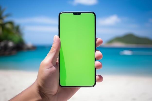 Persona con pantalla verde Chromakey teléfono inteligente en vacaciones tropicales tiempo libre en las vacaciones mano