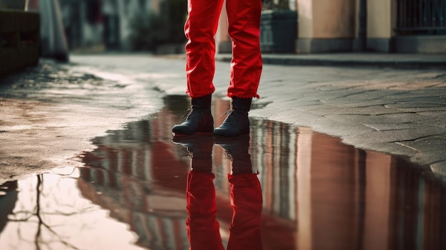 Una persona con pantalones rojos y botas negras de pie en la lluvia