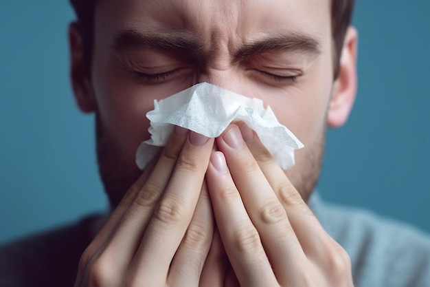 Una persona con un pañuelo de papel presionado contra su nariz enfermedad IA generativa