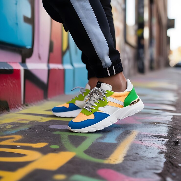 una persona con un par de zapatillas de deporte coloridas está caminando por una acera