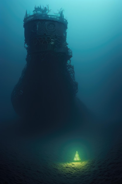 Una persona parada en el agua con un objeto verde en el fondo.