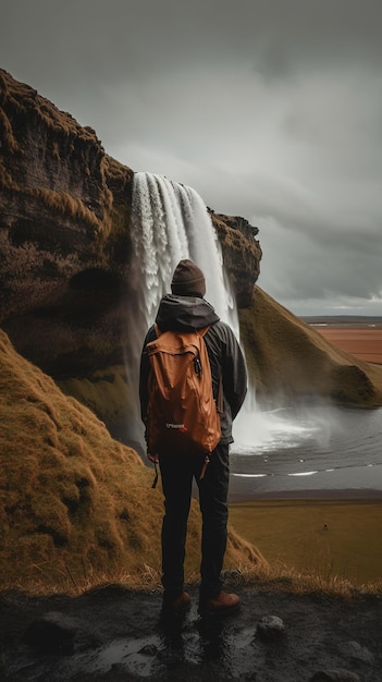 Una persona parada frente a una cascada.