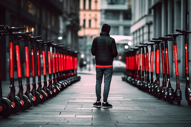 Una persona parada frente a una fila de scooters Imagen generativa de IA