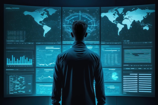 Una persona parada frente a una gran pantalla azul y administrando grandes datos Fondo de tecnología empresarial digital IA generativa
