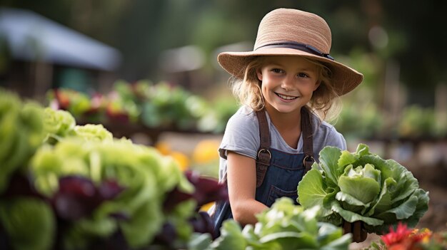 una persona parada en un jardín sosteniendo una lechuga