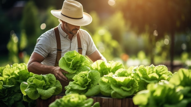 una persona parada en un jardín sosteniendo una lechuga