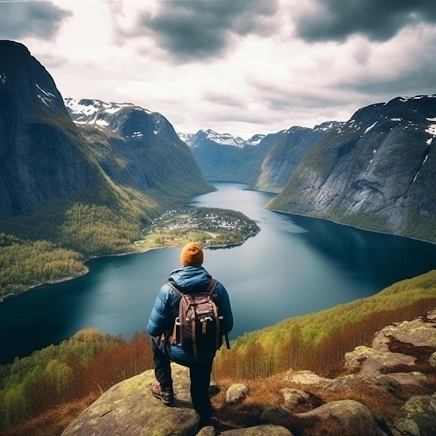 una persona parada sobre una roca con vistas a un lago