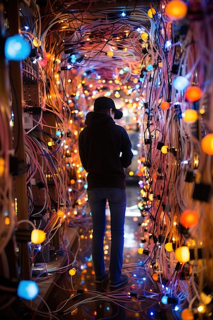 una persona parada en un túnel con luces