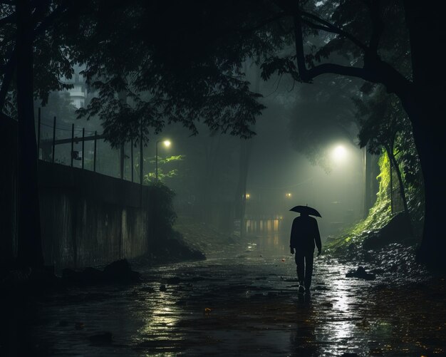 una persona con un paraguas caminando bajo la lluvia por la noche