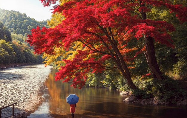 una persona con un paraguas está de pie en el agua con un árbol en primer plano