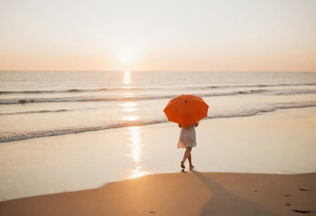 una persona con un paraguas naranja está de pie en la playa