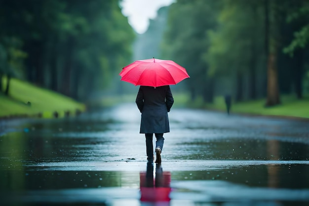 Una persona con un paraguas rojo camina bajo la lluvia.