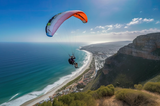 Una persona en parapente en el paisaje de la costa IA generativa