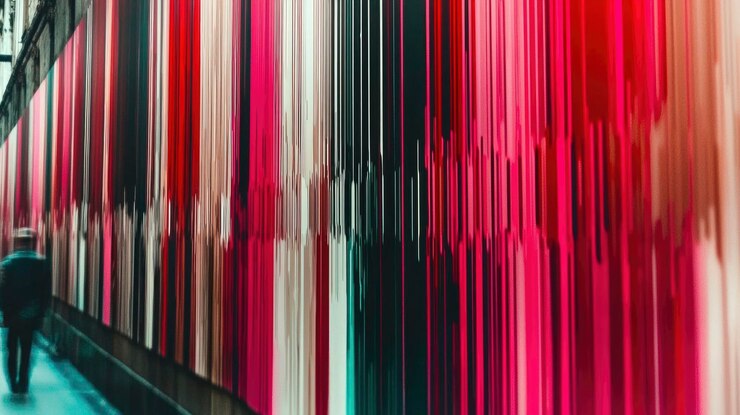 Foto una persona pasa junto a una pared cubierta de coloridas rayas verticales