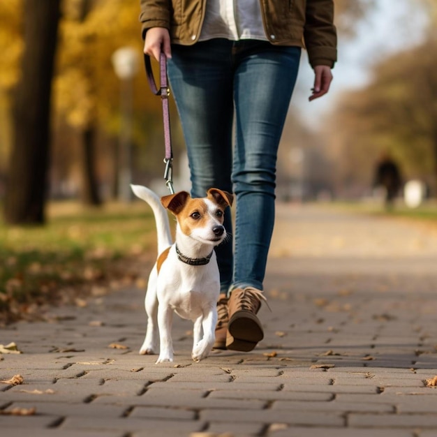 Foto una persona paseando a un perro pequeño con una correa