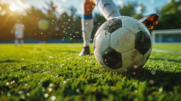 Persona pateando una pelota de fútbol en el campo