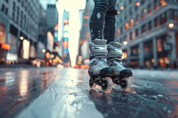 Foto una persona patinando en una calle luminosa de la ciudad