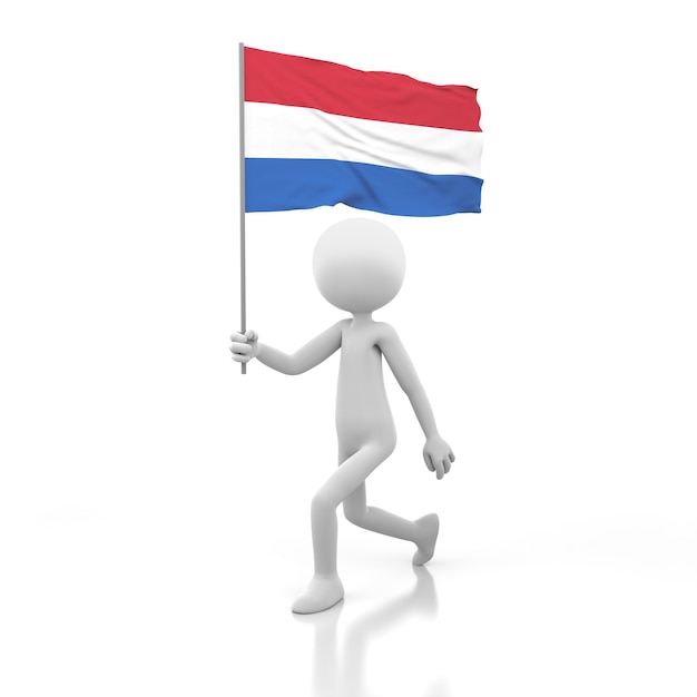 Persona pequeña caminando con la bandera de Holanda en una mano. Imagen de renderizado 3D