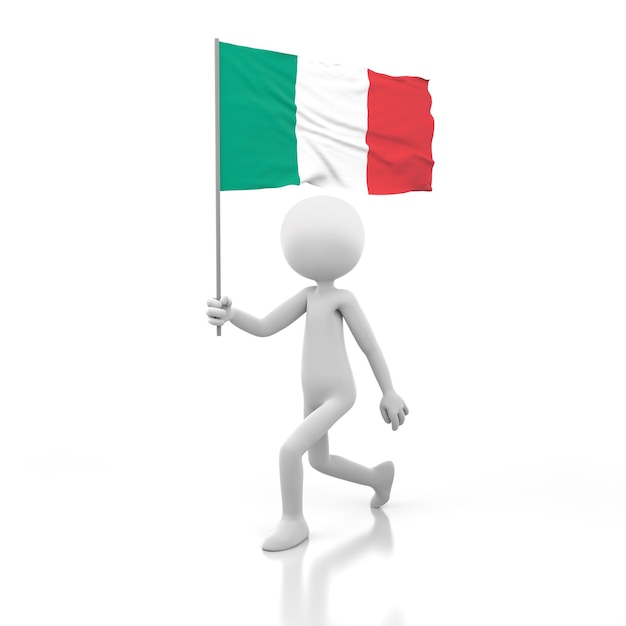 Persona pequeña caminando con la bandera de Italia en una mano. Imagen de renderizado 3D