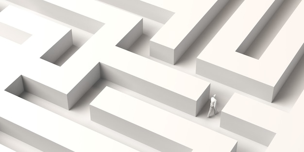 Persona perdida en un laberinto. Confusión, estrés, ansiedad. Ilustración 3D. Encontrando el camino.