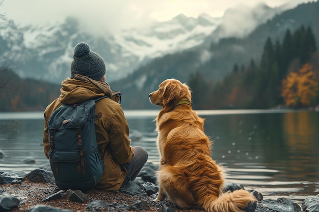 una persona y un perro golden retriever sentados uno al lado del otro en una orilla rocosa