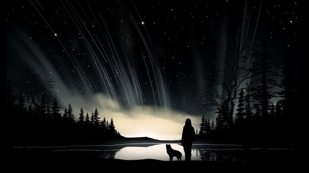 Foto una persona y un perro mirando las estrellas