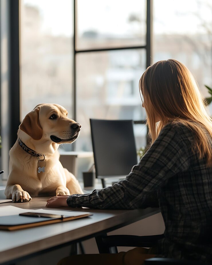 persona con perro que trabaja en la oficina