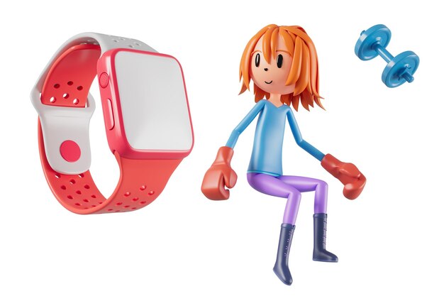 Persona personaje de dibujos animados niño y niña con objetos deportivos 3d ilustración fitness actividad acción hombre en un juego deportivo concepto saludable 3d ejercicio de pelota actionsmartphone smartwatch design